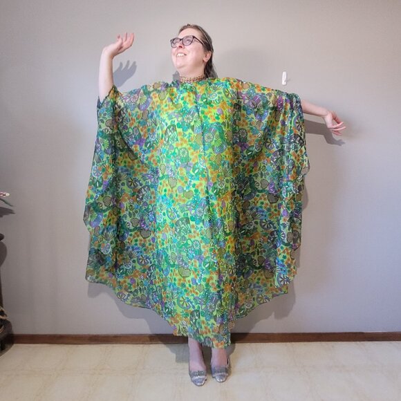 Vintage Groovy Green Maxi Dress 70s Kaftan Beatrice Pines - Picture 2 of 16